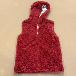 Mini Boden Girl’s Hooded Sherpa Fuzzy Floral Lined Vest Burgundy Size 11-12Y